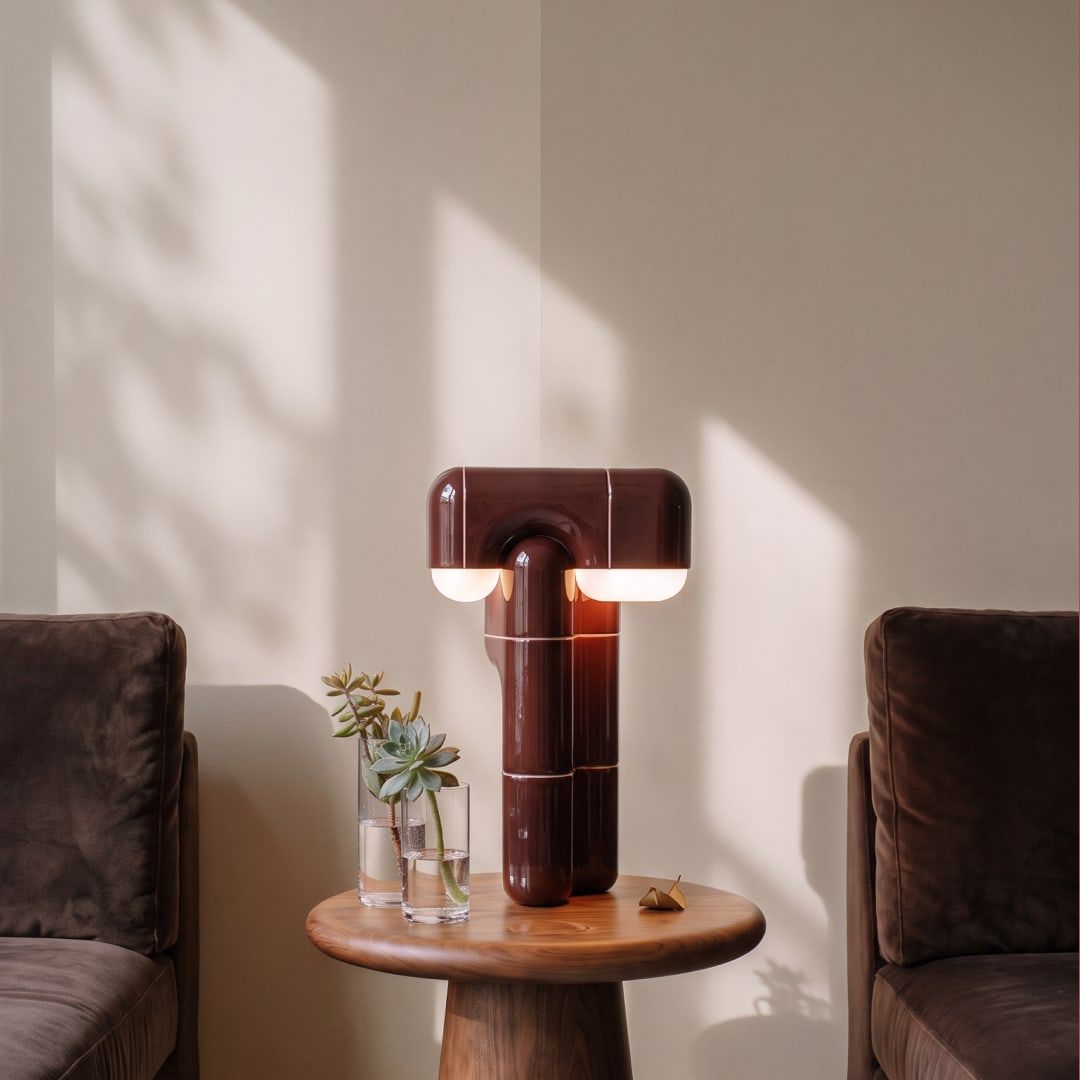 Tafellamp in hoogglanzend ossenbloedrood in de vorm van een T, op een ronde houten bijzettafel met een vaasje, tussen twee bruine fluwelen fauteuils, met zonlicht op de witte wand