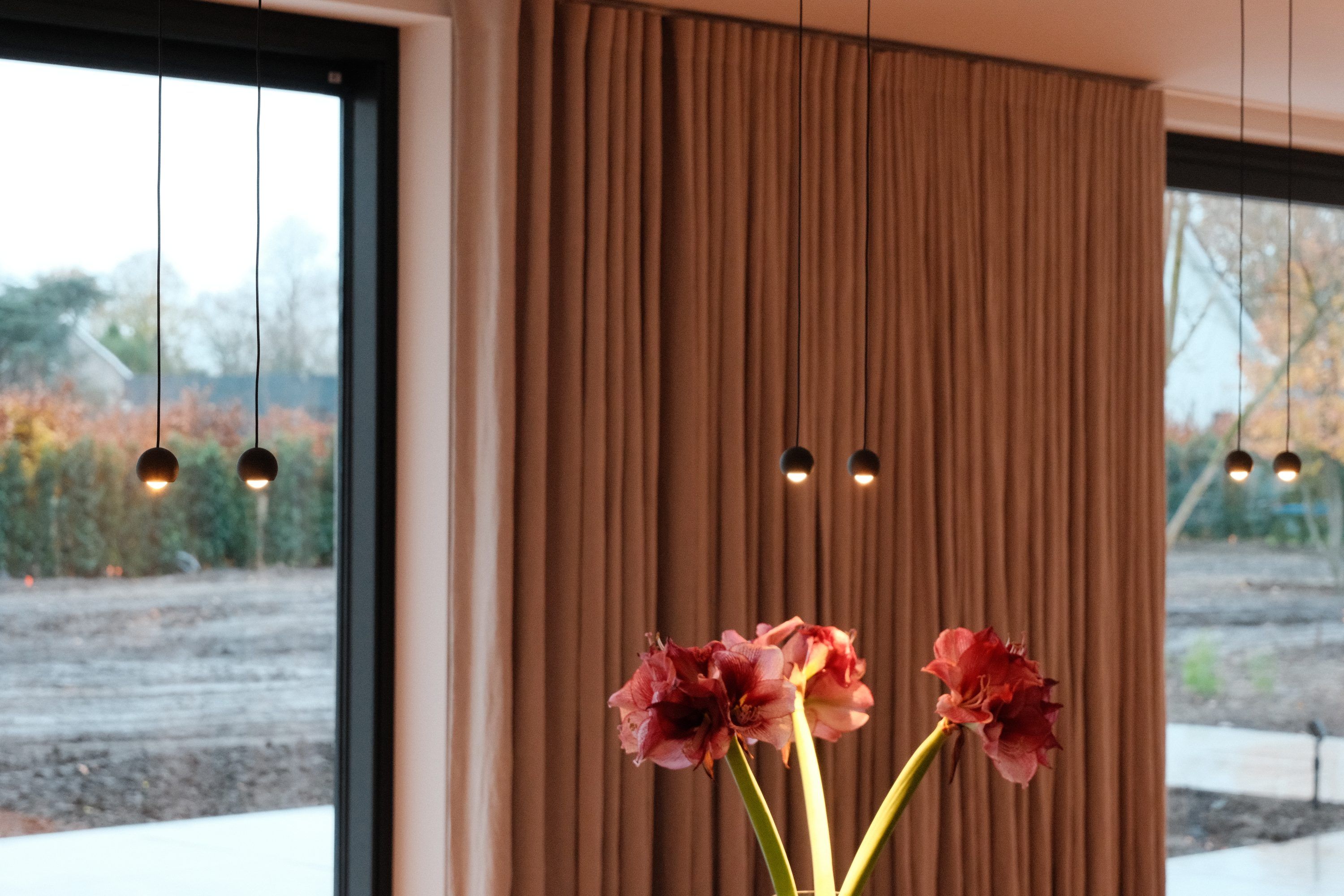 Kleine hanglampen voor een roestbruin gordijn tussen twee ramen, met rode amaryllissen op de voorgrond