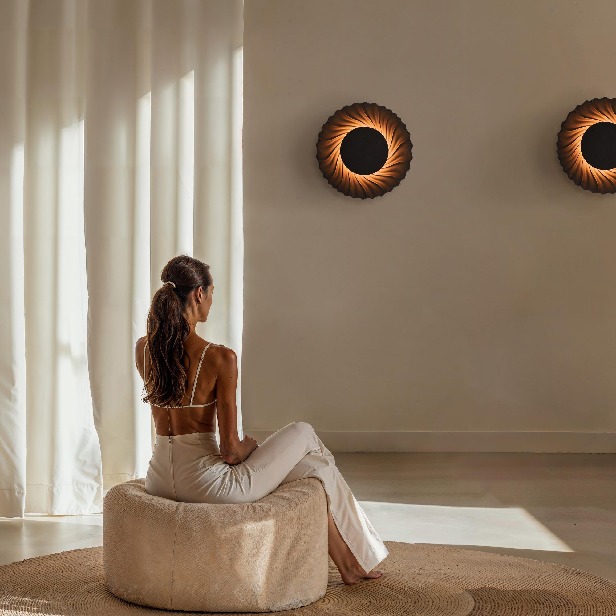 Twee Sun-wandlampen op een lichte wand boven een vrouw op een ronde poef, in het zonlicht dat door een linnen gordijn valt