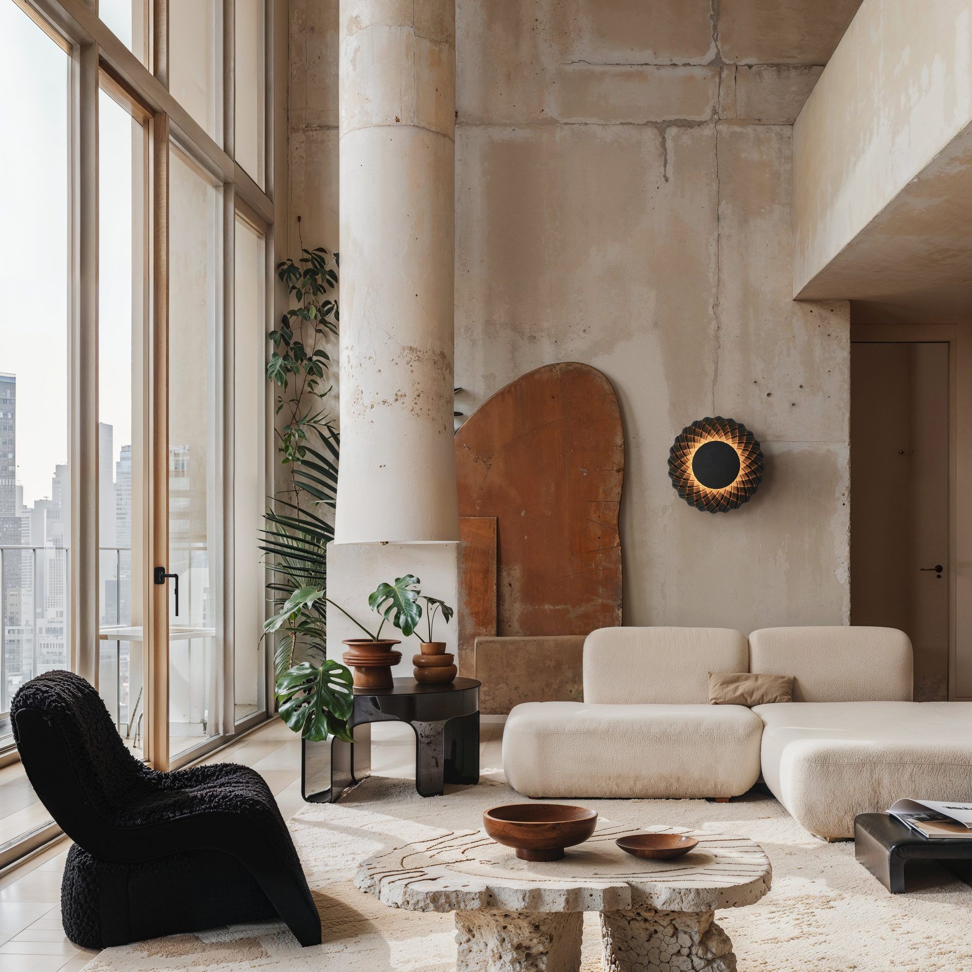 Hoge woonkamer met ramen tot het plafond, een betonnen zuil en een kleine Sun-wandlamp boven een witte bank